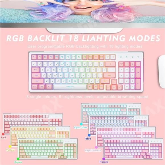 Wireless Gaming Keyboard and Mouse Combo,Rechargeable RGB White Gaming Keyboard - Picture 2 of 6